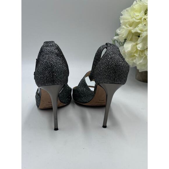 Jimmy Choo Lang Anthracite
Glitter Gunmetal Silver Lamè Ankle Strap Heels - Picture 4 of 9